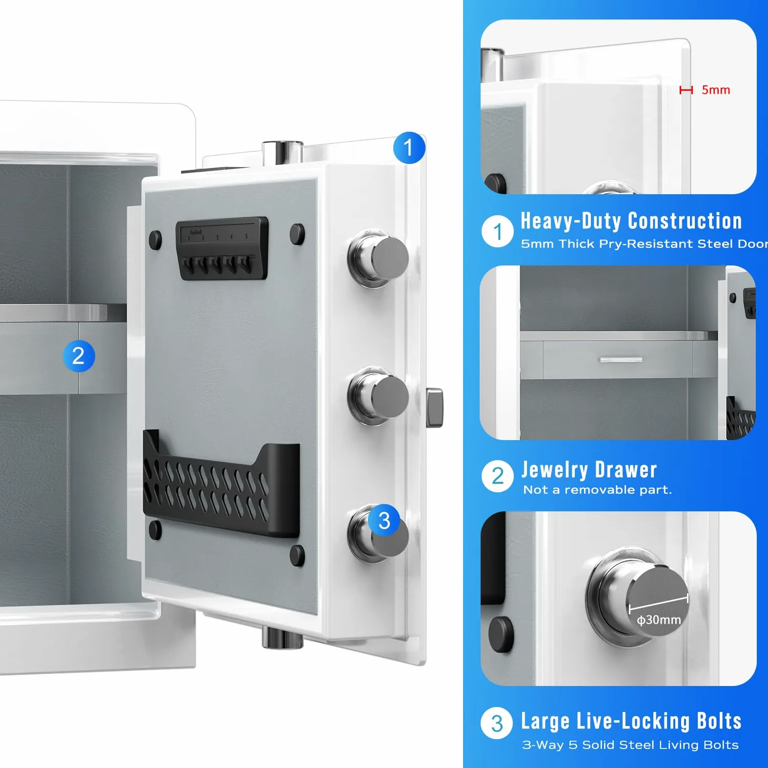 RPNB Caja Fuerte Biométrica para Huellas Dactilares con Pantalla Táctil, Avisos de Voz, Doble Advertencia, Desbloqueo con Un Toque, Perfecto para Oficina en Casa, Hotel, Oficina, 45L, Blanco