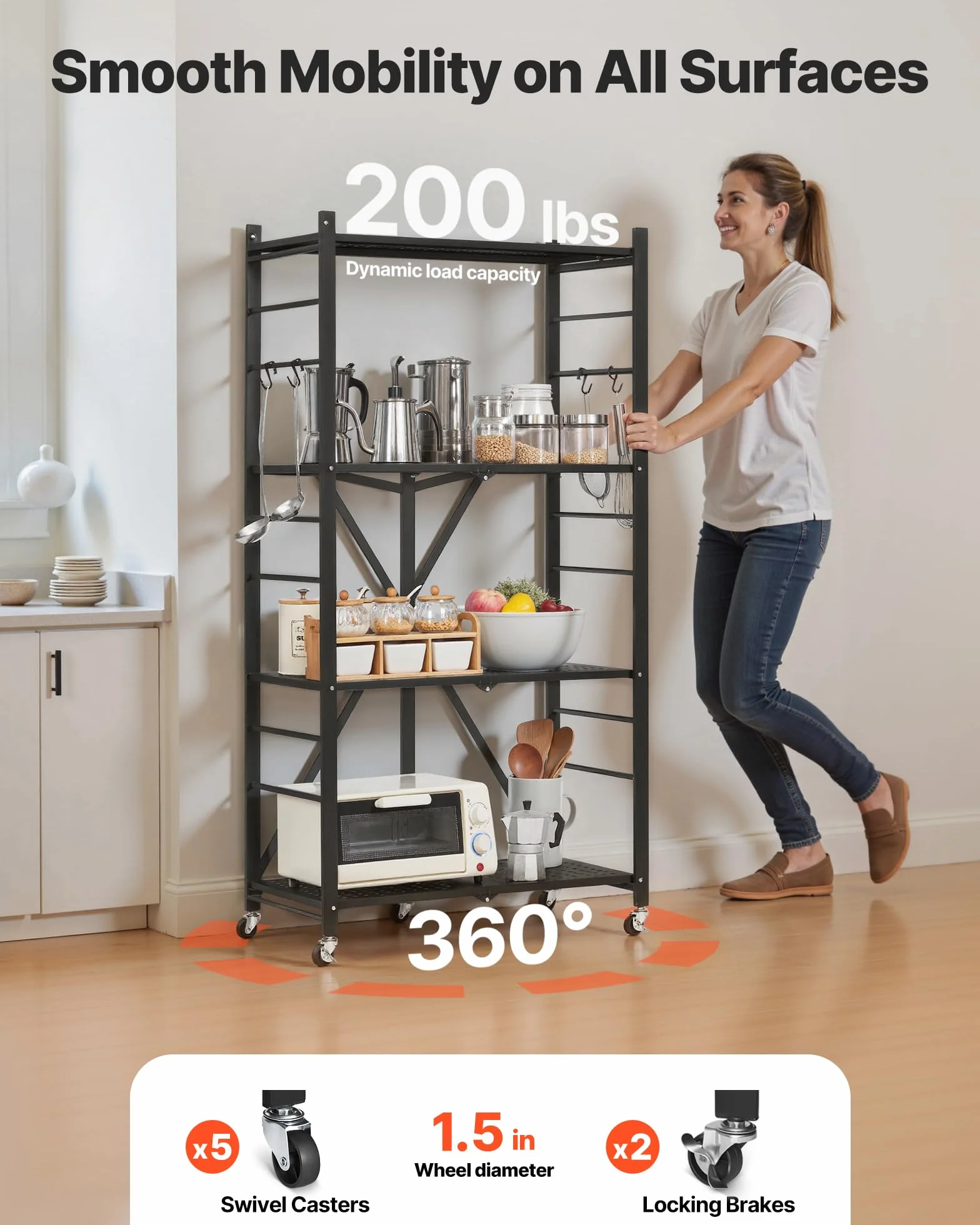 VEVOR Estante de Almacenamiento Plegable de 4 Niveles con Ruedas 71 x 33 x 137 cm Estantería Metálica Móvil Resistente, sin Necesidad de Ensamblaje, Organizador para Garaje, Cocina, Sótano, Negro