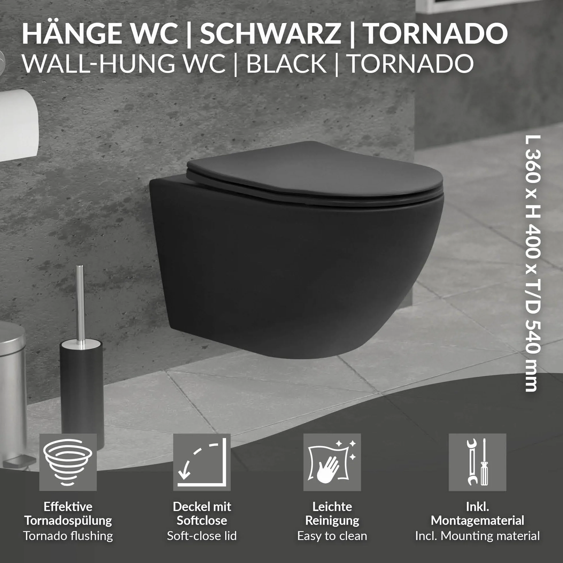 LuxeBath WC Suspendido Negro Mate de Cerámica sin Borde, Inodoro Colgante 54cm Largo con Descarga Profunda de Tornado para Baño, Wáter con Asiento Extraíble y Tapa Softclose