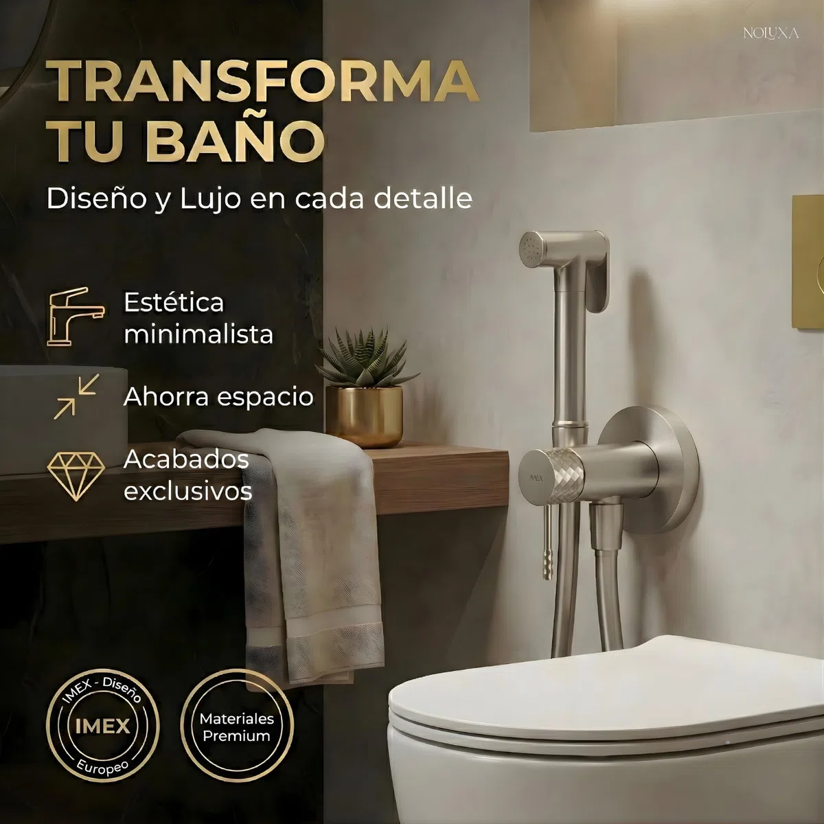 IMEX - Ducha Bidet Agua Fría y Caliente Color Níquel Cepillado | Grifo Bidet Empotrado para WC | Ducha Higiénica Monomando para Inodoro | Grifería Sustituto de Bidé | Serie Génova