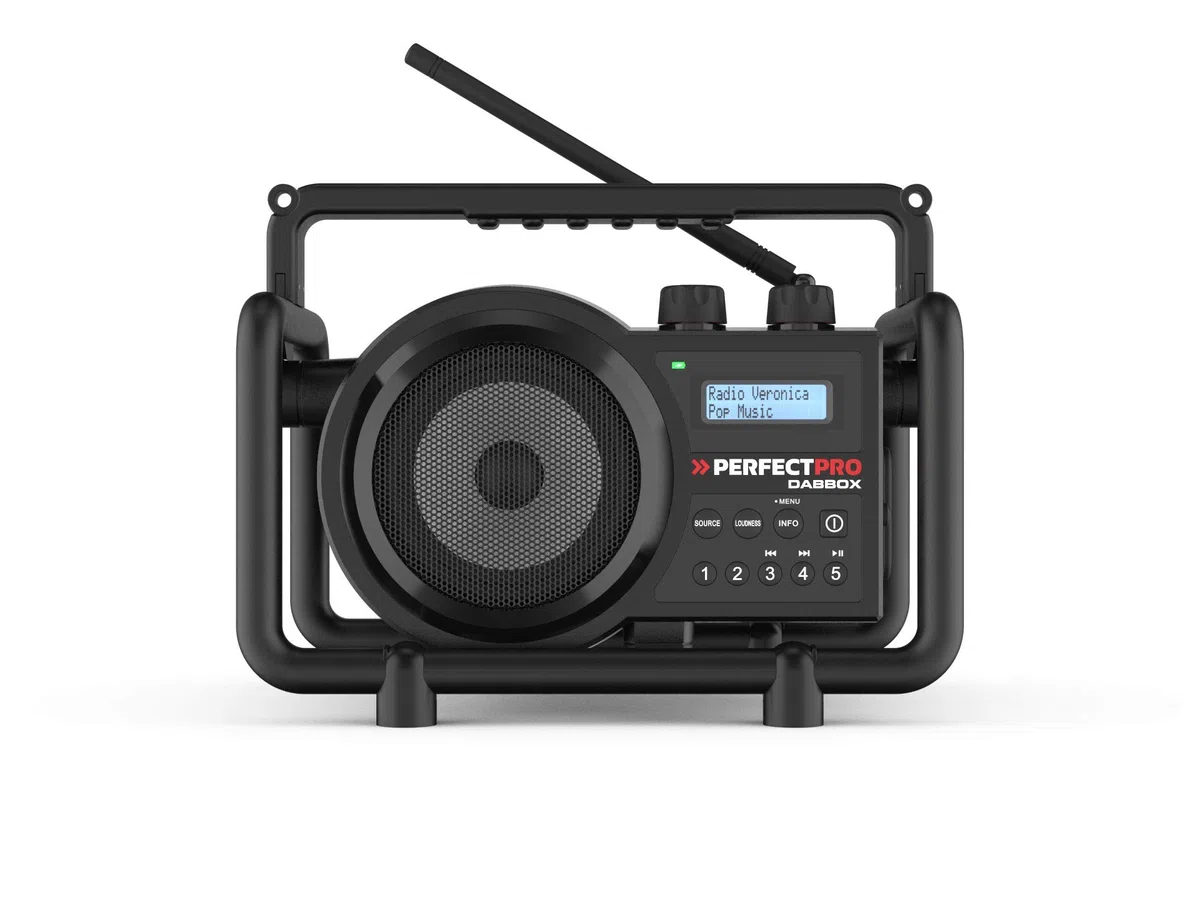 PerfectPro Radio DABBOX, Dab+ y recepción FM, Cargador de batería Integrado para batería Universal, Bluetooth, Recargable, Entrada Auxiliar, Resistente a los Golpes, IP54, DBX3