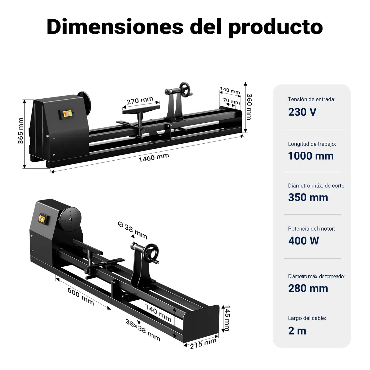 Torno madera eléctrico 400W Banco torneado regulable Máquina carpintería Banco trabajo carpintero