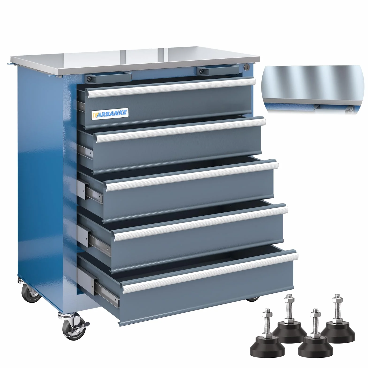 LARBANKE Gabinete de Herramientas de 5 cajones,Armario de Herramientas con Ruedas y Almohadillas para pies,Carro de Herramientas con Sistema de Bloqueo con Llave y Parte Superior de Acero Inoxidable