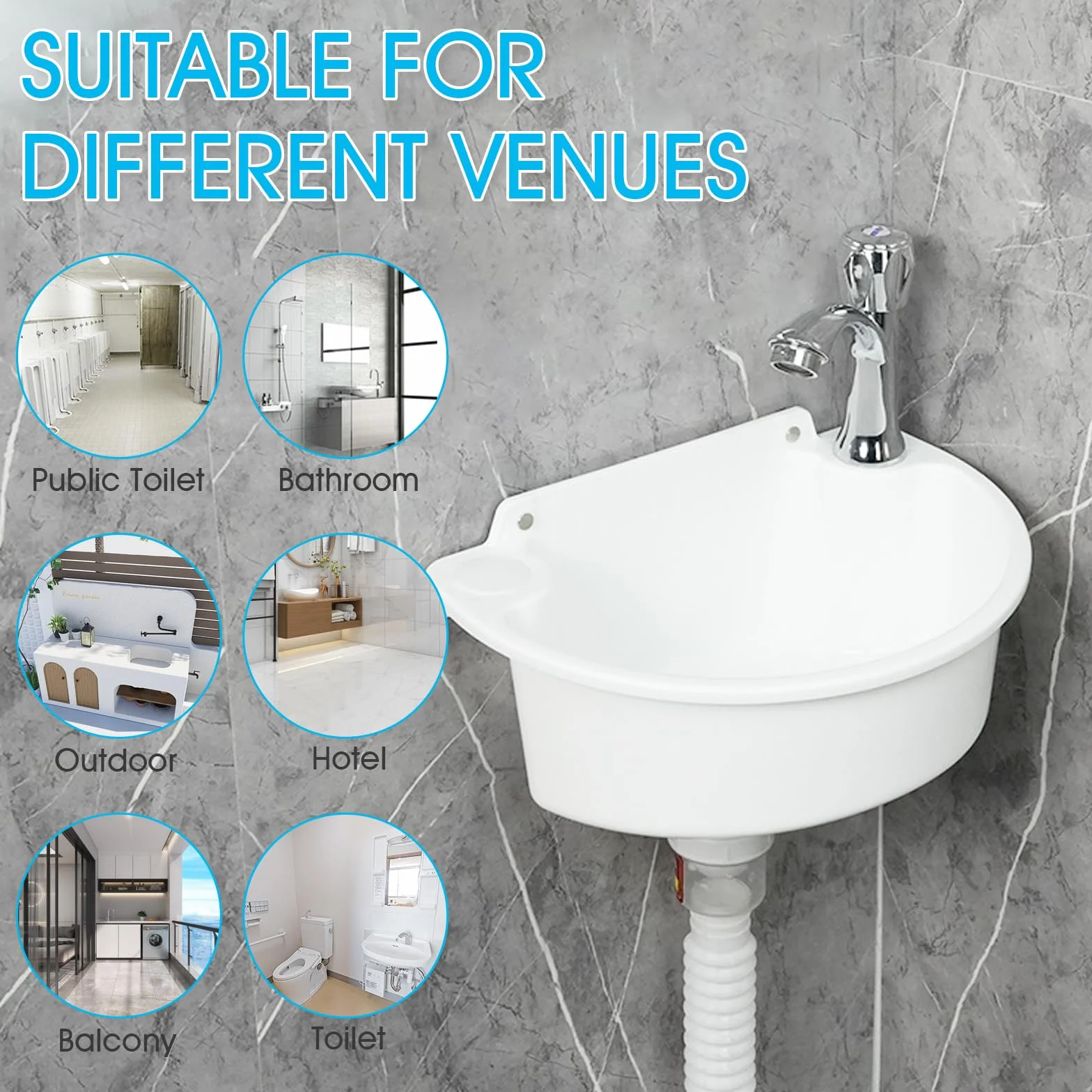 Fregadero de plástico, fregadero de lavabo, pequeños lavabos colgantes con accesorios de drenaje, fregadero para autocaravana para camping, jardín, sótano, baño de obra (blanco)