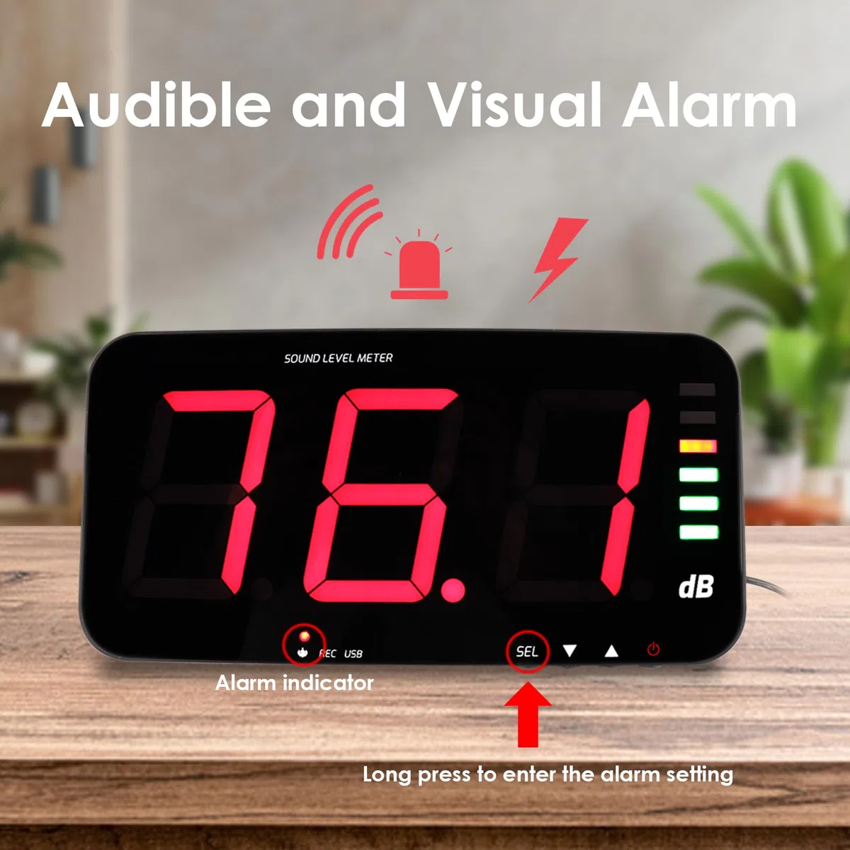 Medidor de Decibel, medidor de nivel de sonido para colgar en la pared, medidor de ruido con sensor de sonido de 16.4 pies, medidor de sonido de alarma audible y visual para monitoreo de nivel de