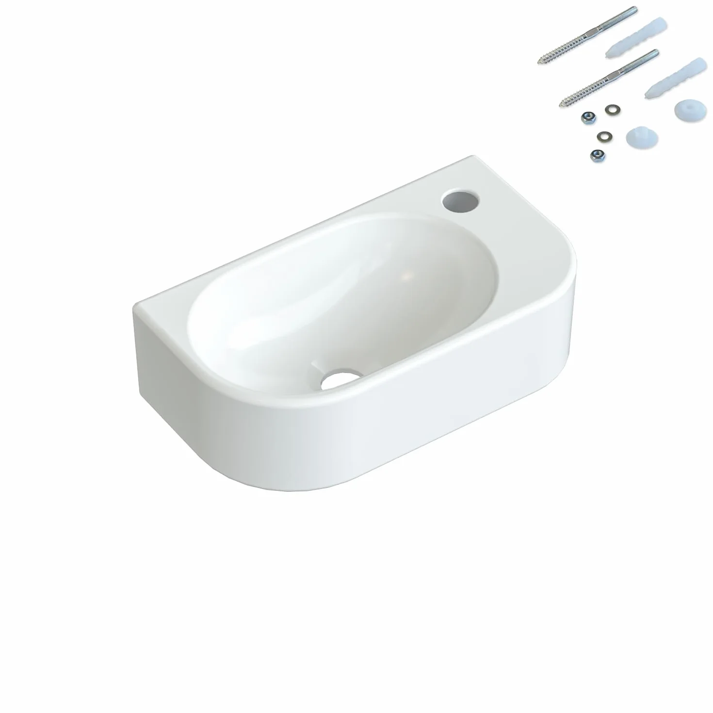 Lavabo de cerámica para lavabo, pequeño, ovalado, 40 x 21 cm, para cuarto de baño, para invitados, orificio para grifo a la derecha con tornillos de bastón, sin rebosadero, sin grifo, sin válvula de
