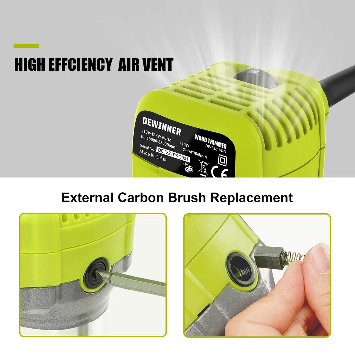 DEWINNER Fresadora De Madera Rebajadora Eléctrica 710W 13000-33000 RPM, 6 Velocidades Variables, Pinza De Base Fija De 1/4''/6/8MM,Con Bolsa de lona, con 15PCS 1/4"Juego de Brocas para Madera