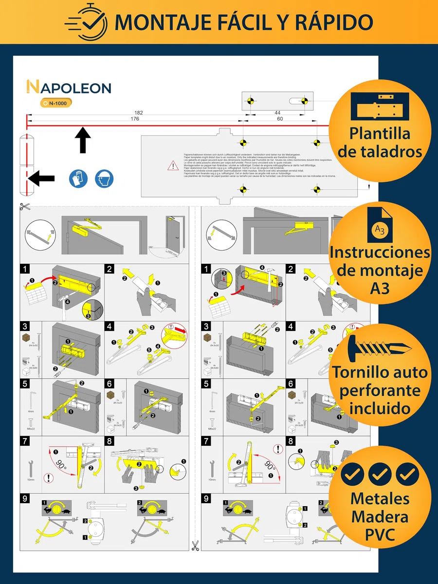 NAPOLEON N-1000 Cierrapuertas Automático Robusto - Normas EN1154/EN1634 - Comercial & Residencial - Puertas de 20Kg a 60Kg Tamaño 3 - Plantilla de Taladros - Instalación Fácil y Rápida (Blanco)