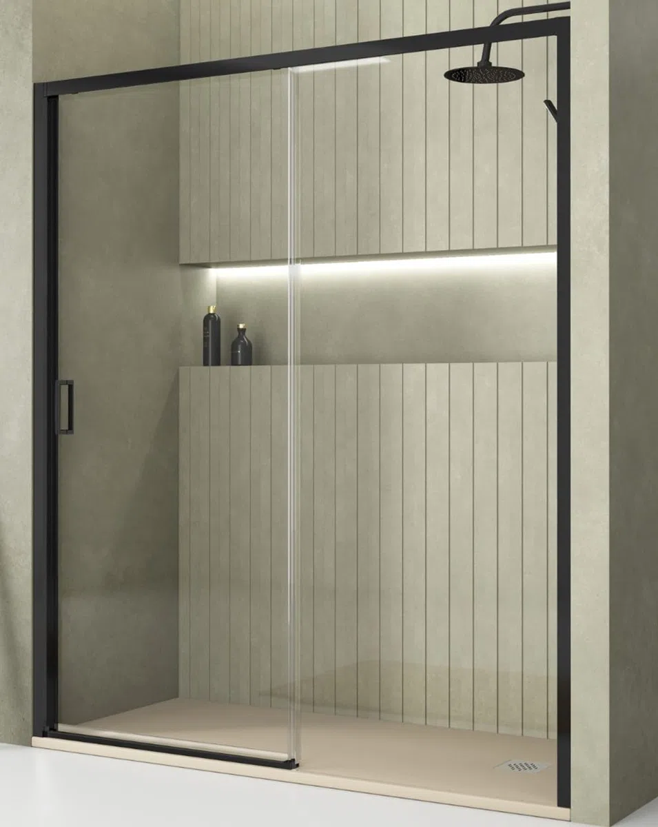 Mampara de Ducha Frontal Corredera 1 Puerta 1 Fijo | Vidrio Templado 5mm Antical Altura 190cm Transparente | Perfil Negro 140cm (Adaptable 138-142cm)