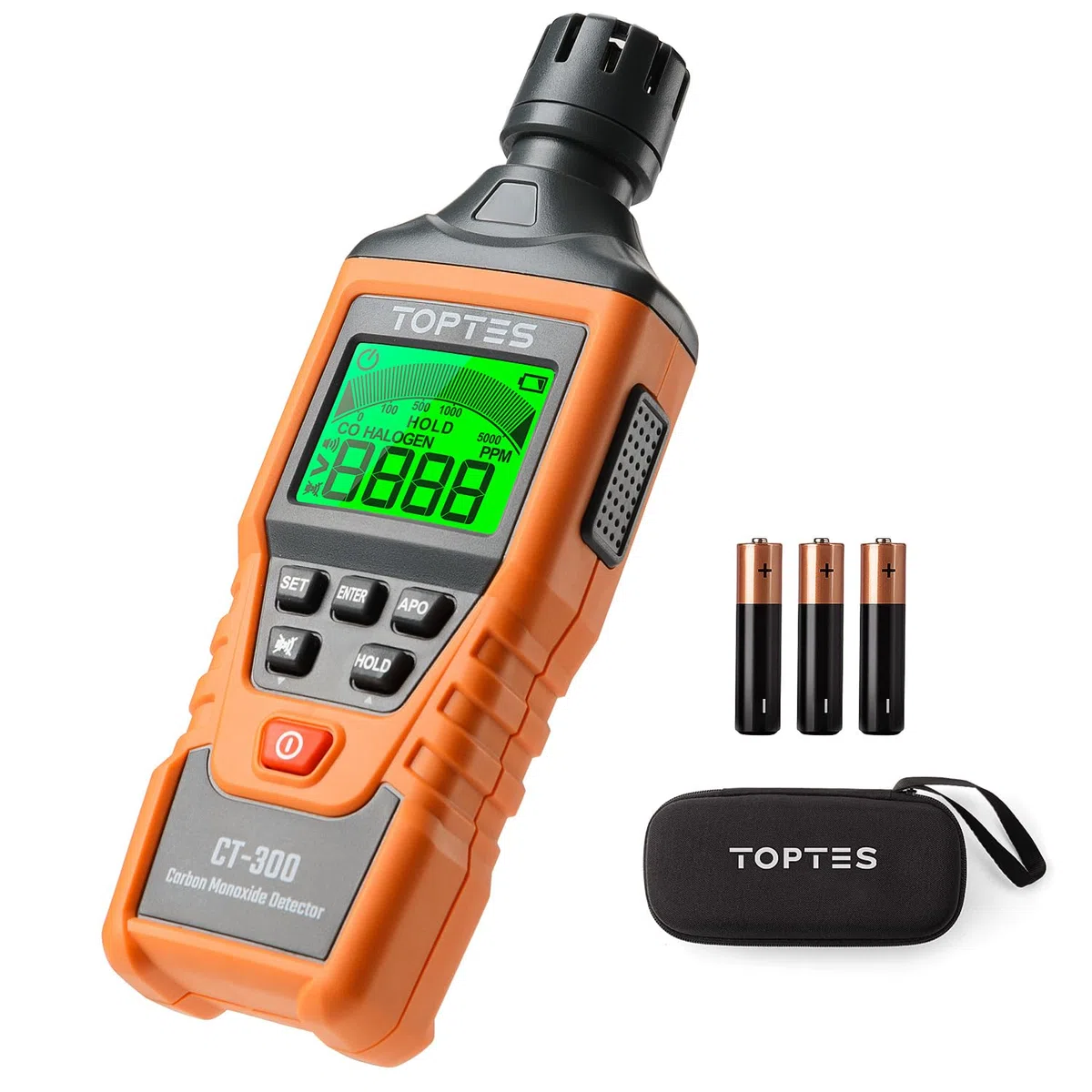 Detector de Monóxido de Carbono TopTes CT-300, Detector de CO con Alarma Visual y Sonora, 0-5000PPM, Alarma de CO, Pantalla LCD para Hogar, Coche, Camping y Viajes (Incluye 3 Pilas) - Naranja