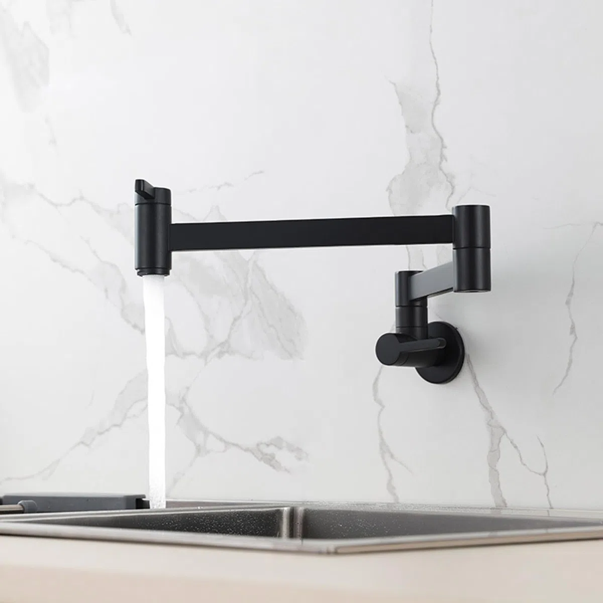 Grifo de Llenado de Ollas para Cocina Grifo de Cocina de Latón con Brazo Oscilante Doble Plegable de Refrigeración Individual Montado en La Pared,Negro