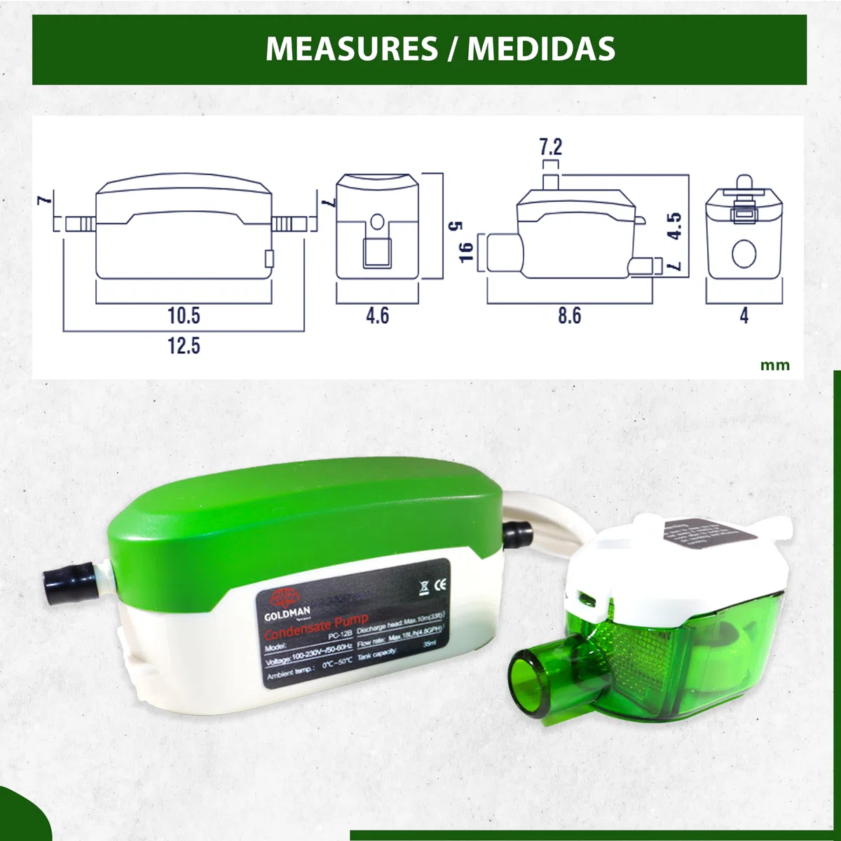 GOLDMAN SERVICE Bomba de Condensado Automática Mini ultra Silenciosa para Drenaje y Desagüe de Agua en Aire Acondicionado Climatizador Split. Flujo 18 Litros/Hora