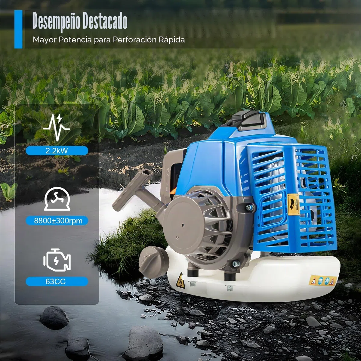 Broca de tierra de 2 tiempos, 63 cc, gasolina, con ruedas, 2200 W, 8800 ± 300 rpm, para jardín, gasolina, 1,3 L, capacidad del depósito de combustible, excavadora, poste de valla con broca de 300 mm