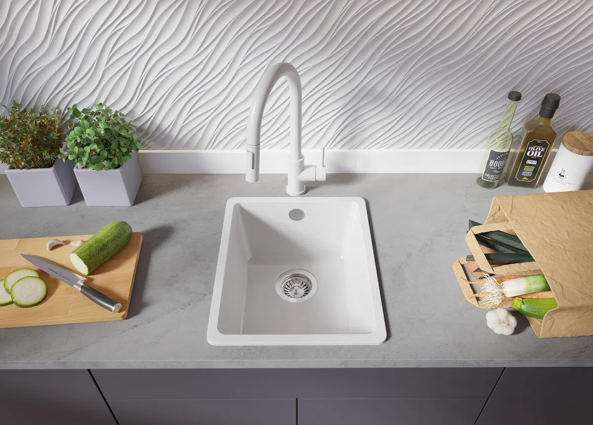 PRIMAGRAN Fregadero Cocina Blanco 36x44cm, Granito 1 Seno + Sifón, Sobre Encimera al Mueble 40cm - Venecia Easy Slim S002