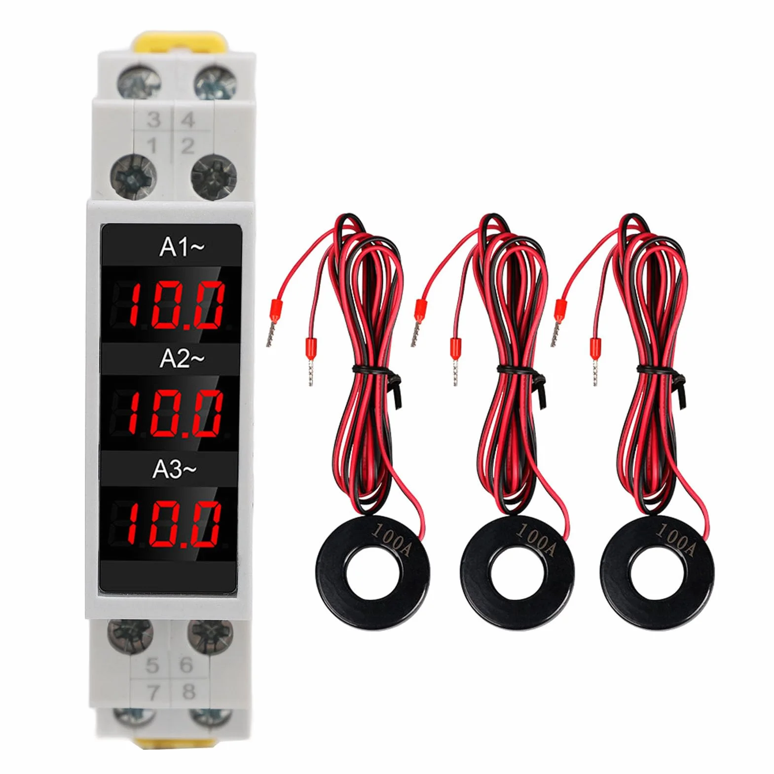 Amperímetro Digital Trifásico 80-500V 1-100A con 3 Sensores Pantalla LED Mini Indicador CA para Medición Precisa de Potencia