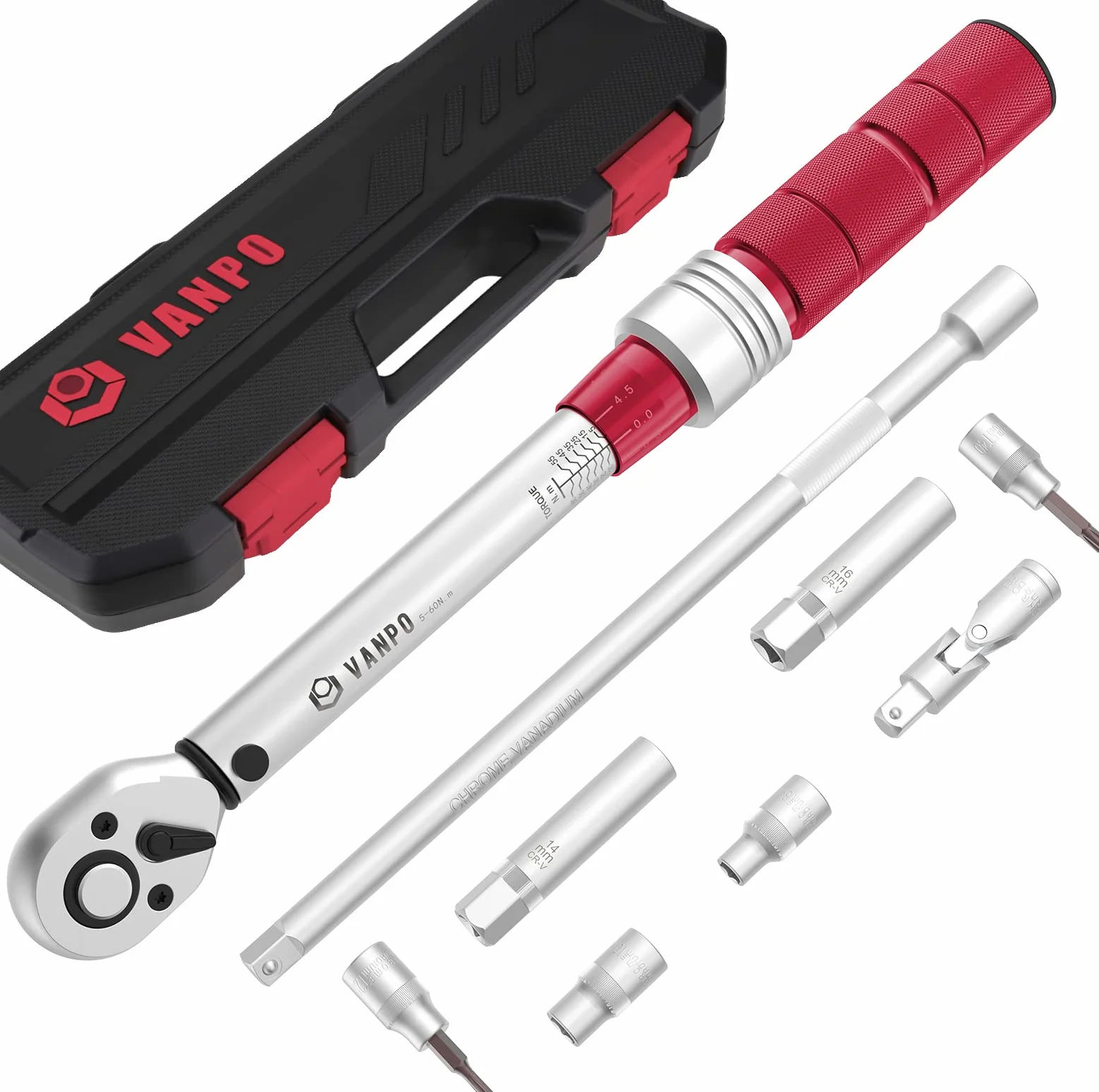 VANPO Llave Dinamométrica 3/8'', 5-60 Nm Llave de Torque, Precisión ±3%, 9 Piezas Juego Llaves Vaso con Extensión, Junta Universal, Magnética Vasos de Bujía, Bits, para Bicicleta, Moto, Coche