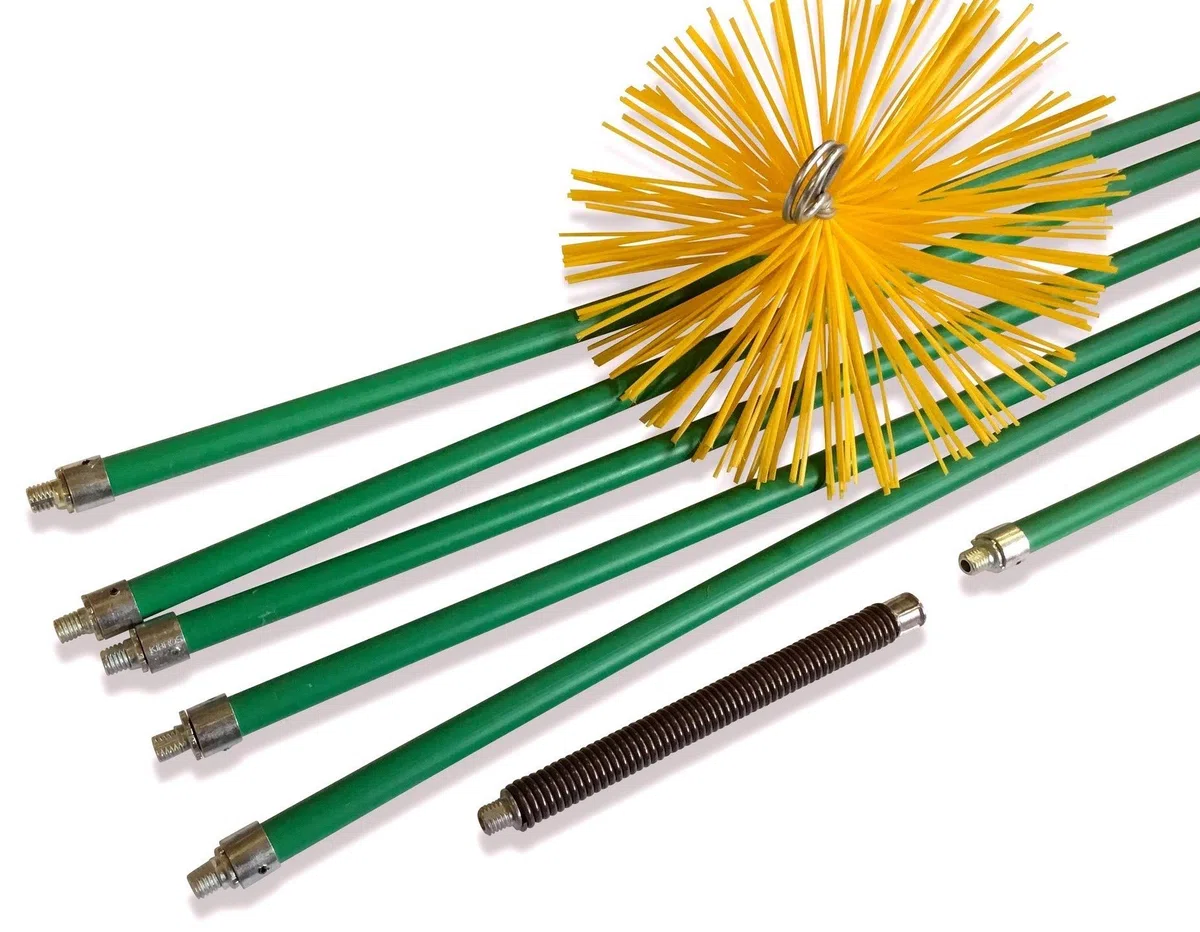 Kit profesional de limpieza para conductos revestidos | Cepillo sintético | Ø 200 mm | 8 m con 6 varillas autobloqueantes Ø 18 mm huecas | Resorte de inicio | Chimeneas | Kibros 5KIT20Nb