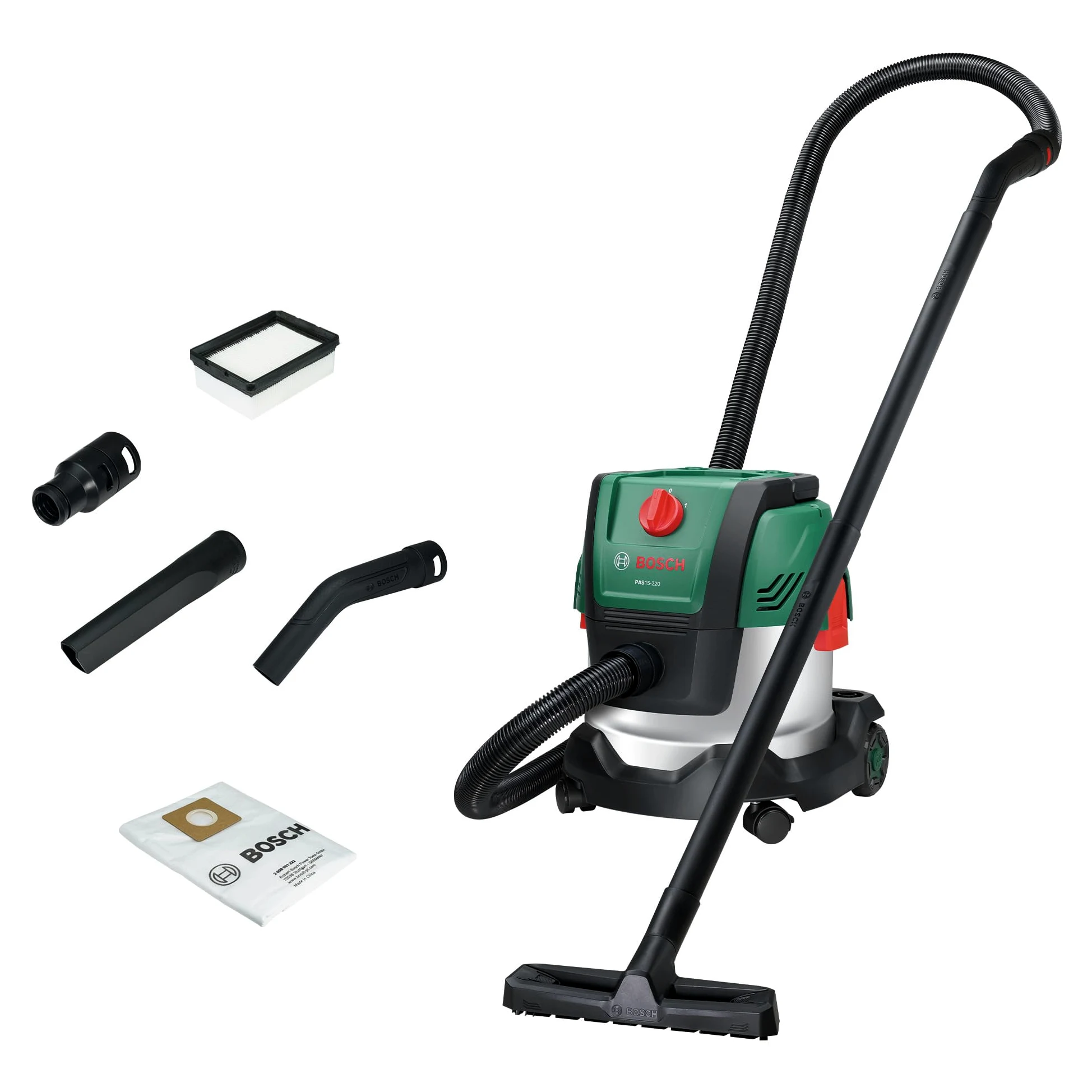 Bosch Aspirador con Cable PAS15-220 (Tubos de extensión (plástico), Manguera de aspiración de 2,2 m, Tubo Flexible/acodado, boquillas para Suelos y Ranuras, Filtro Plisado Plano, UniversalAdapter)