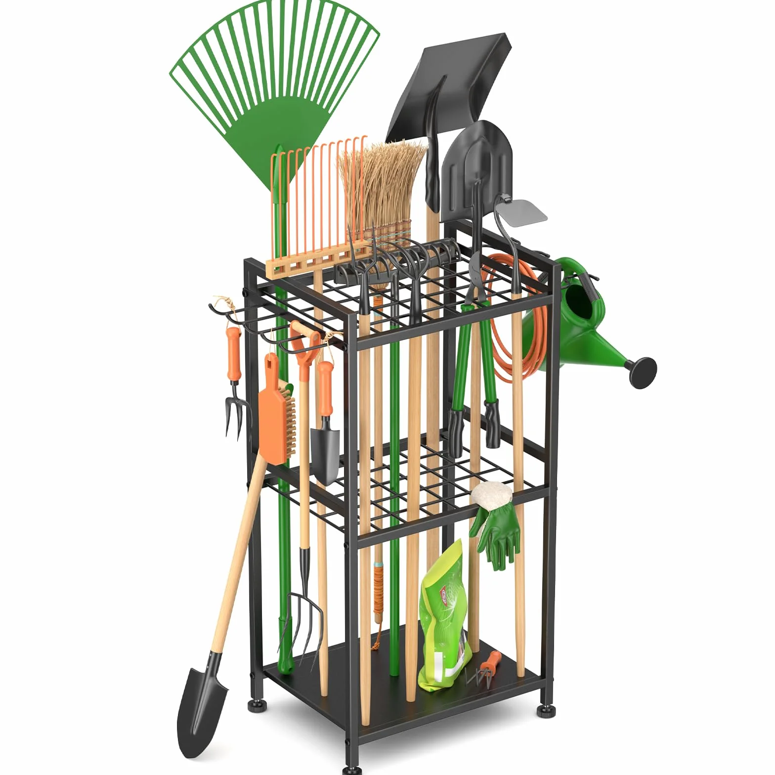 WELDUN Organizador de herramientas de jardín para garaje, soporte para herramientas de jardín para 35 herramientas de mango largo, gestión de garaje con gancho para escoba, fregona, rastrillo, pala