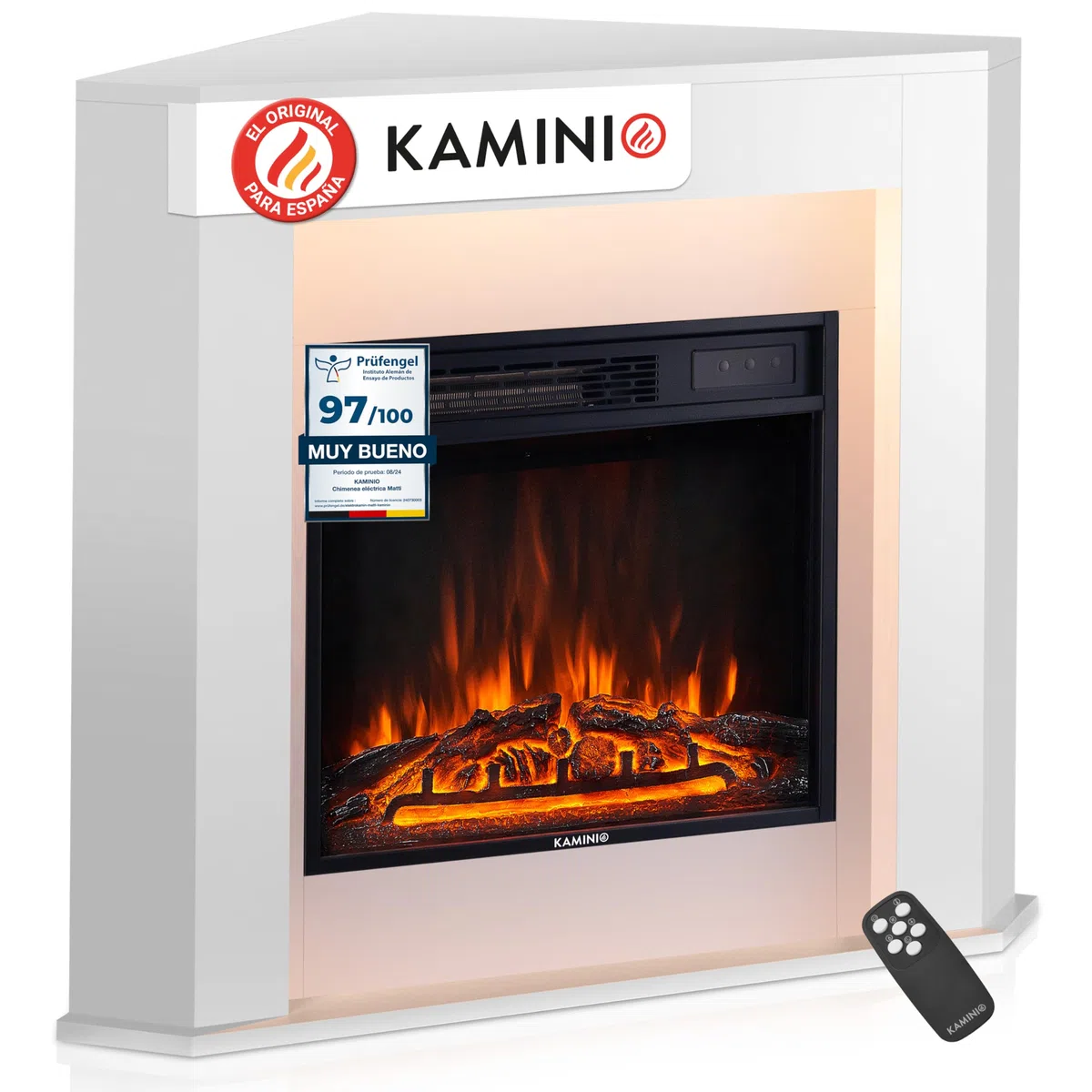 KAMINIO Chimenea eléctrica Matti - Chimenea eléctrica de Esquina con calefacción, Efecto de Llama 3D, Luz Ambiental LED, Control Remoto - Esquina (Blanco)