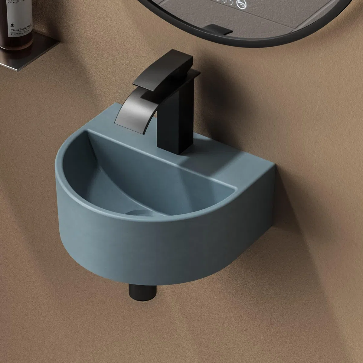 EMKE Lavabo ovalado de 30,3 x 25,5 x 12 cm, lavabo de cerámica para baño de invitados, lavabo colgante de diseño, lavabo colgante azul pastel mate