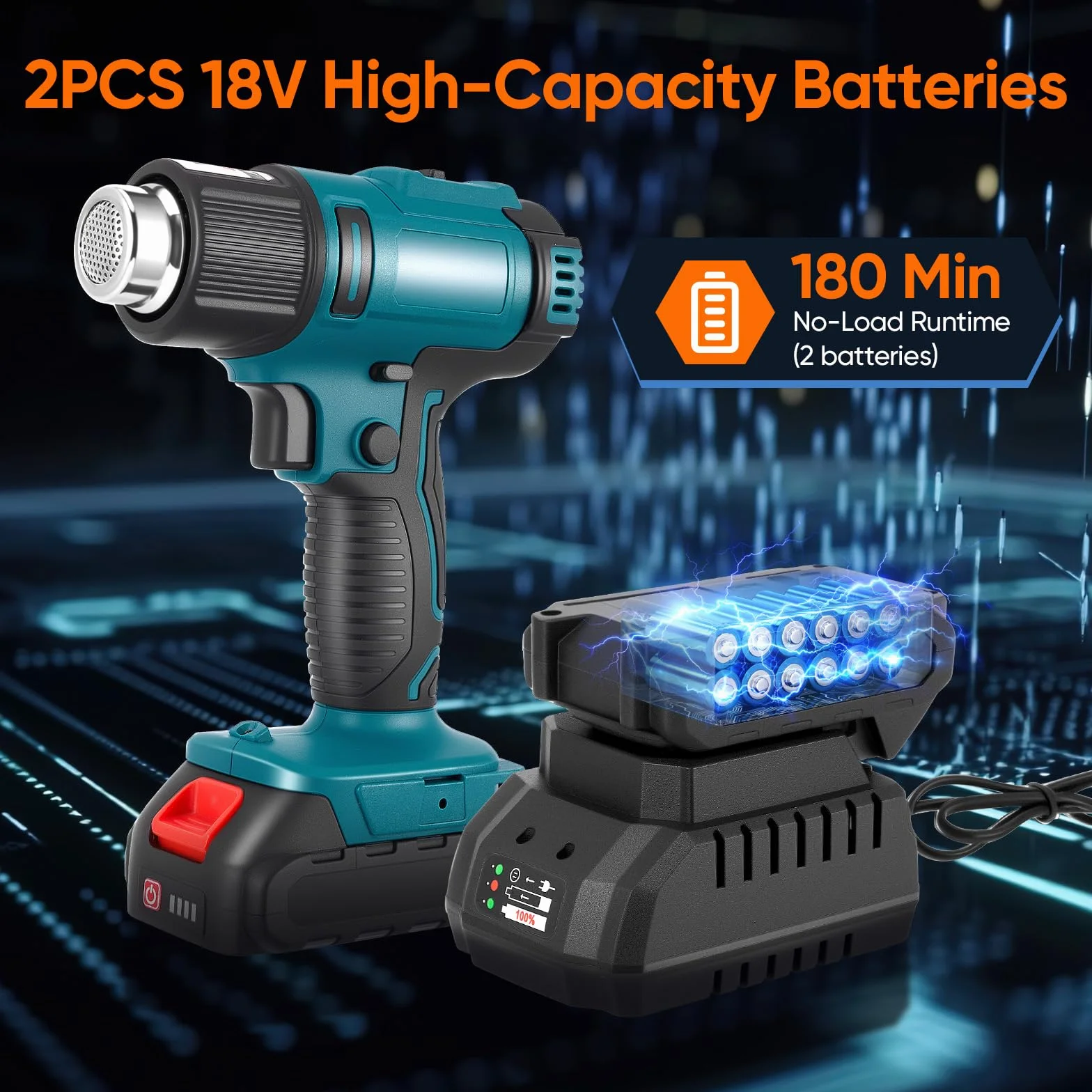 Pistola de aire caliente a batería 50-550 °C 2 baterías 4.0 Ah inalámbrica para soldar plásticos 5 boquillas