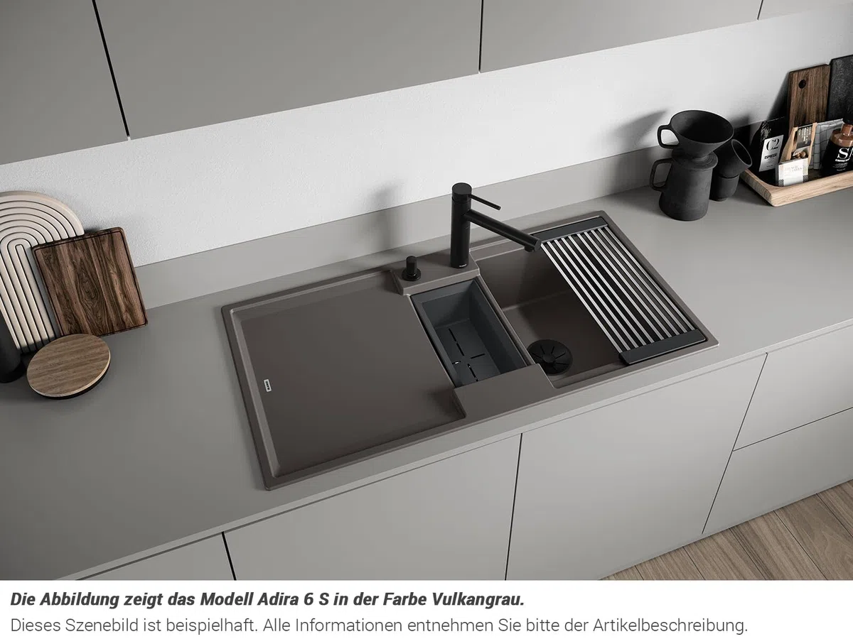 BLANCO ADIRA 6 S, SILGRANIT negro, tipo de montaje: instalación desde arriba, reversible, con mando a distancia, con accesorios, armario bajo de 60, lavabo grande, superficie fácil de limpiar