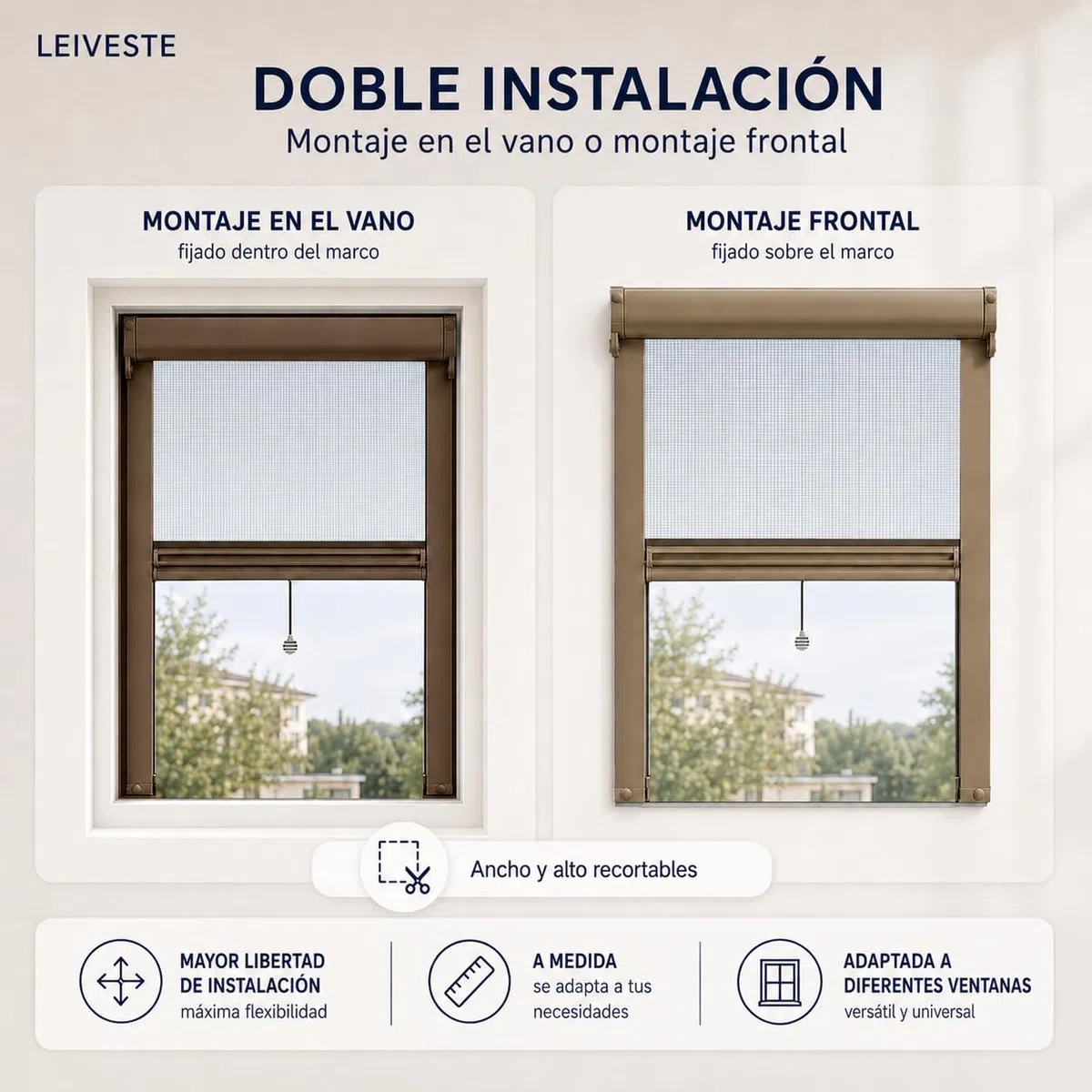 LEIVESTE - Mosquitera enrollable reducible para ventanas, montaje fácil y rápido, red de fibra de vidrio, estructura de aluminio, varios tamaños y colores, color marrón, 140 x 160 cm