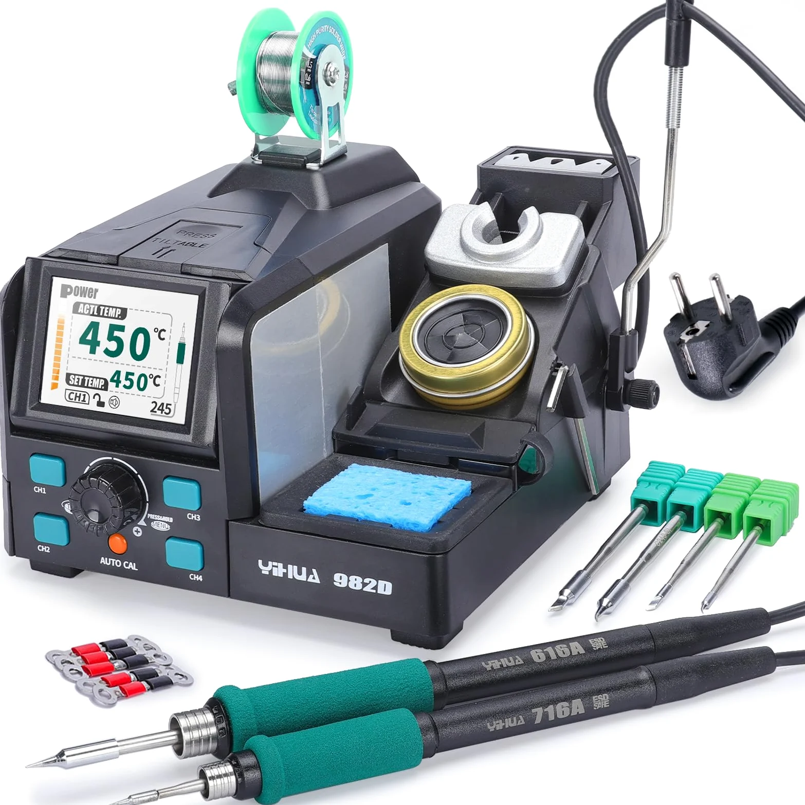 YIHUA 982D Estacion de Soldadura de Precisión con 3 Puntas de Soldador C210 y 3 C245, Alambre de Soldar sin Plomo, Empuñadura Compatible con C210 y C245, Calibración Automática de Temperatura