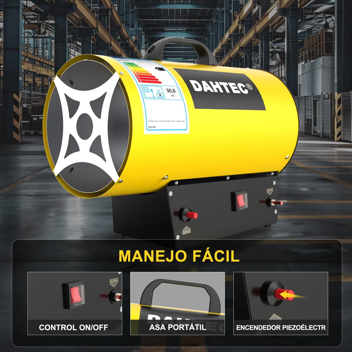 Calefactor de Gas Auxiliar 30 kW - Cañón de Calor - Radiador Soplante de Gas - Calefacción Radiante Con Ventilador - Soplador de Aire Caliente para Obras, Amarillo