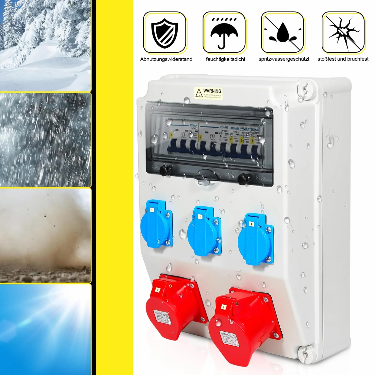 Daromigo Distribuidor de pared con disyuntor de 5 polos con 3 enchufes Schuko y enchufe CEE de 16/32 A, para talleres y fábricas