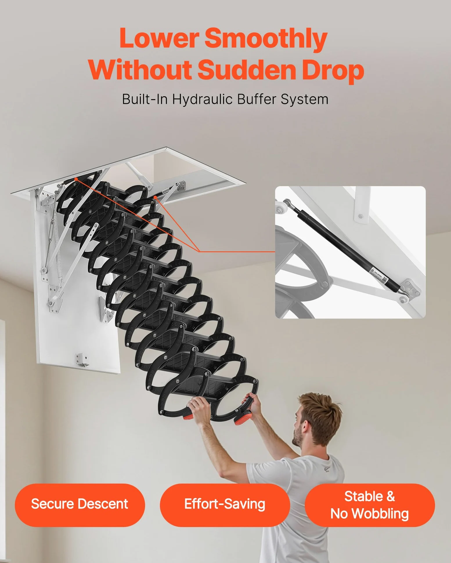 VEVOR Escalera de Ático, Carga 299,4 kg, Apta para Techos 2,9 a 3 m de Altura y Abertura 100 x 70 cm, Acero de Aleación, Retráctil y Abatible con Barra de Tracción para Techos de Áticos y Lofts