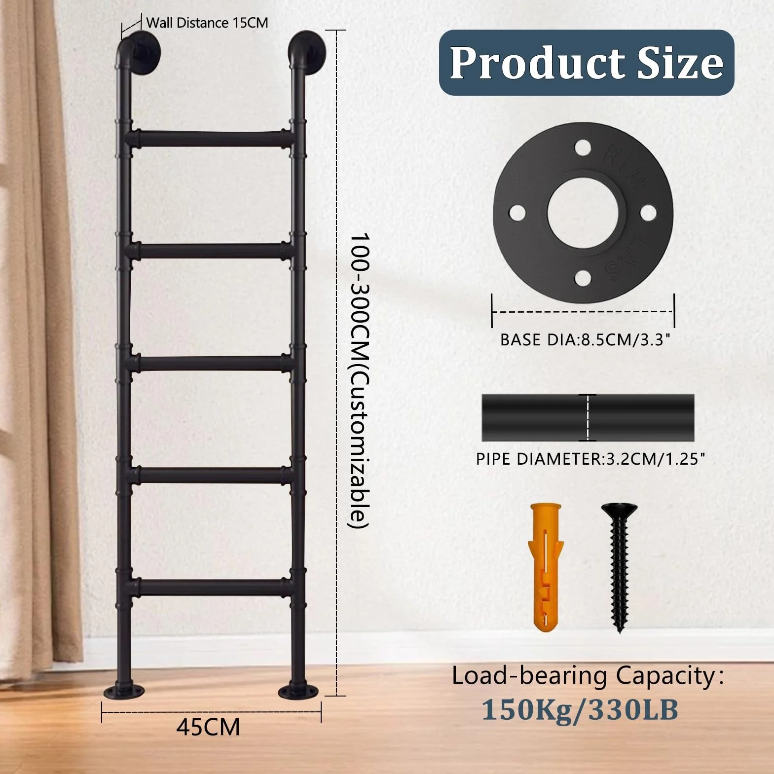 Escalera para litera de pie, 71"/75"/79''/83"/87"/91" Escalera de reemplazo de cama de metal Escalera de escalada universal Escaleras rectas tipo loft multiusos, tamaño personalizable(110cm/43in)