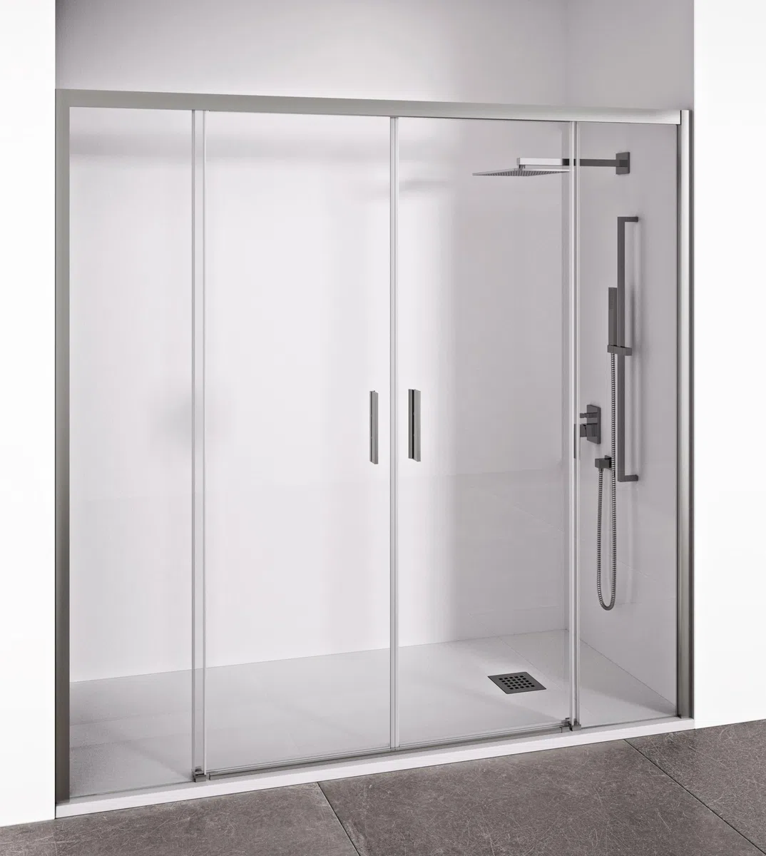 Mampara de ducha frontal 2 hojas correderas + 2 fijos sin perfilería inferior - Transparente - Cristal templado 6 mm Antical - Perfilería Plata Brillo - Ancho adaptable 165-170 cm - Alto 195 cm - EIRE