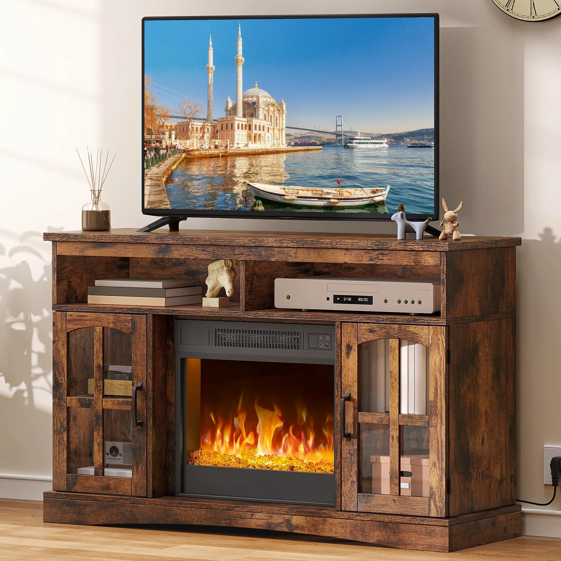 YITAHOME Chimenea eléctrica con calefacción, Chimenea eléctrica para la Sala de Estar con Efecto de Llama, Llama Ajustable, Temporizador de 1-8 Horas, protección contra sobrecalentamiento, función de