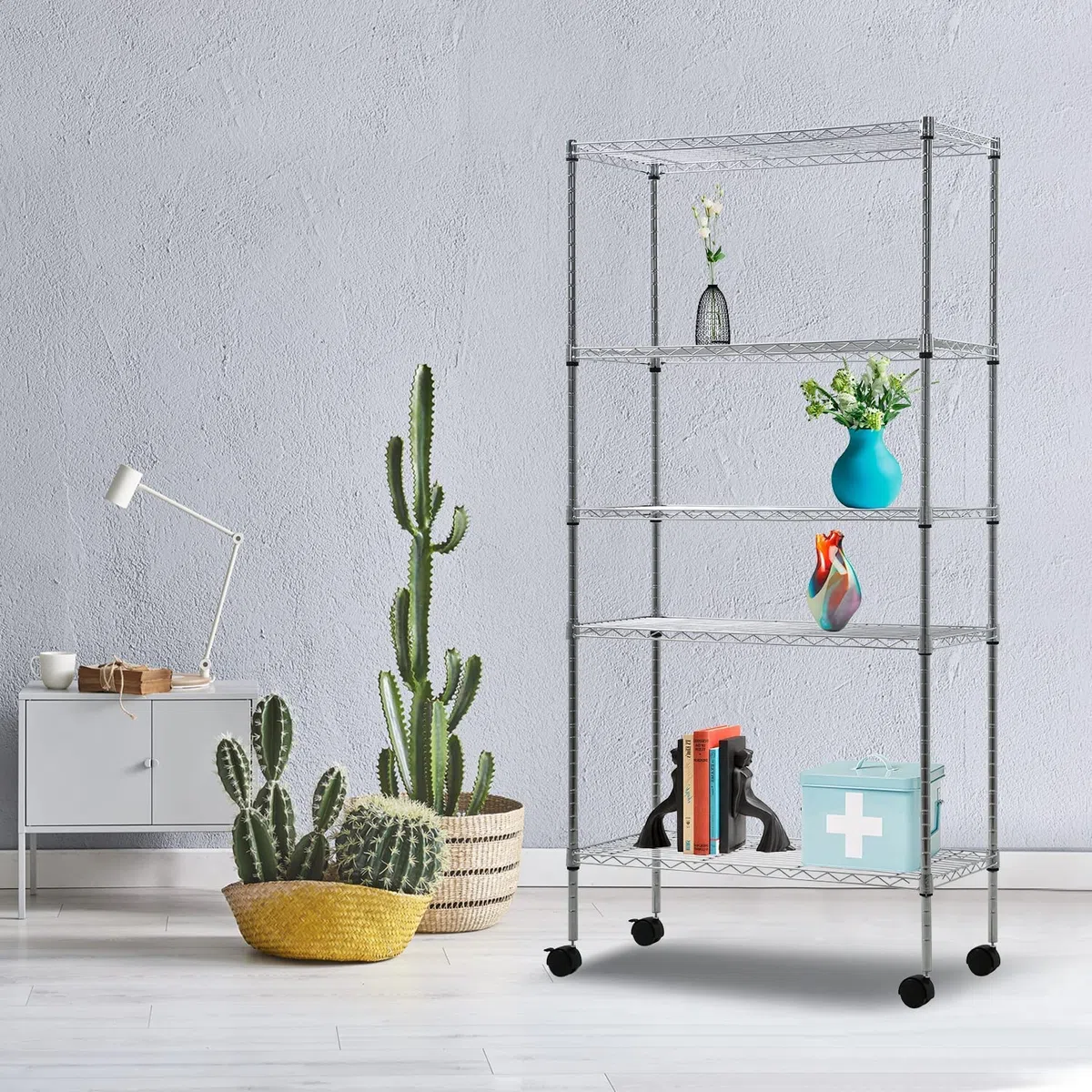 5 baldas Estantería con Ruedas, Estantería para Cargas Pesadas con Ruedas, Estante de Metal Ajustable en Altura, Capacidad de 1100 Libras, Certificado NSF-152x76x35cm Cromado