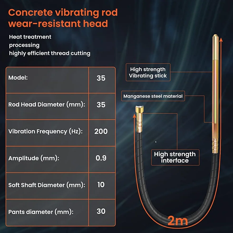 Anbull 1300W Vibrador de Hormigón Eléctrico, longitud 2 m, frecuencia 4400 rpm, diámetro de la varilla vibratoria es de 35 mm