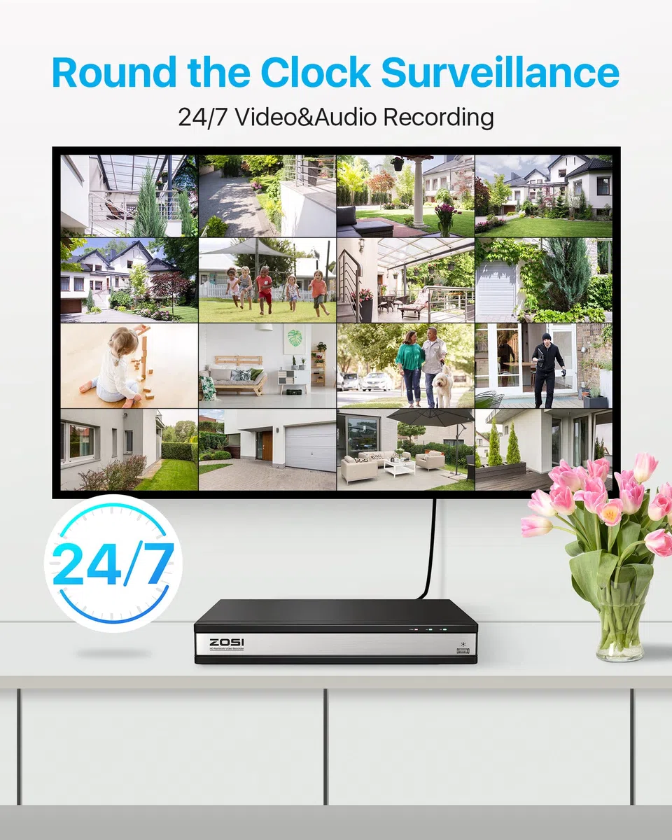 ZOSI 4K Kit de Cámaras de Vigilancia PoE 16pcs Cámaras de Seguridad Exterior con 16CH 8MP H.265+ Grabador NVR, Visión Nocturna en Color, Alarma de Luz y Sirena, Audio, 4TB HDD Incluido