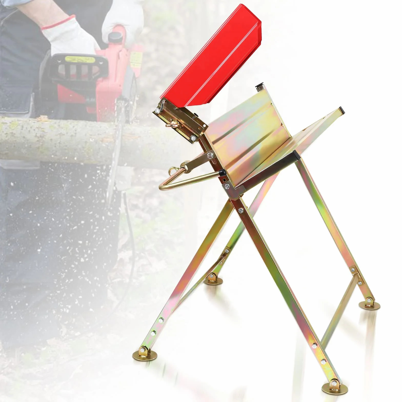 Caballete con soporte de motosierra, protector de cadena, varilla medidora, soporte de sierra plegable hasta 150 kg, diseño estable, adecuado para aserraderos, talleres