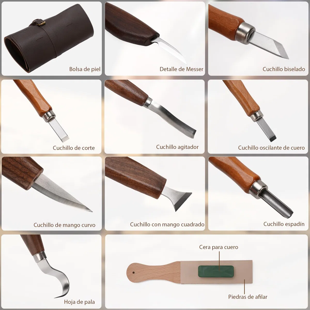 Gubias Para Tallar Madera Herramientas De Tallado De Detalles De 15 Piezas, Formones Para Madera Raspador De Madera Con De Nogal Y Kit De Tallado Con Piedra De Pulido Y Afilado