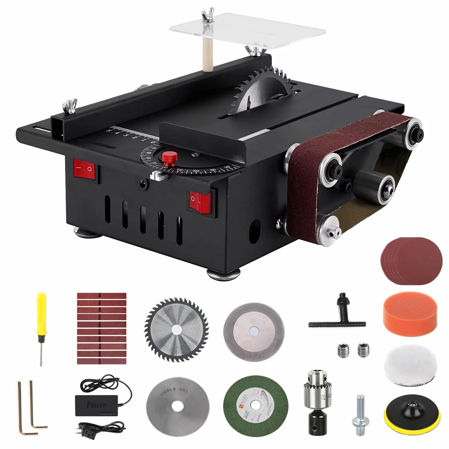 Mini Sierra de Mesa, Sierra Compacta con Lijadora de Banda, 200W Multifuncional Portátil para DIY, 4 Cuchillas, Profundidad de Corte 0,1-30mm