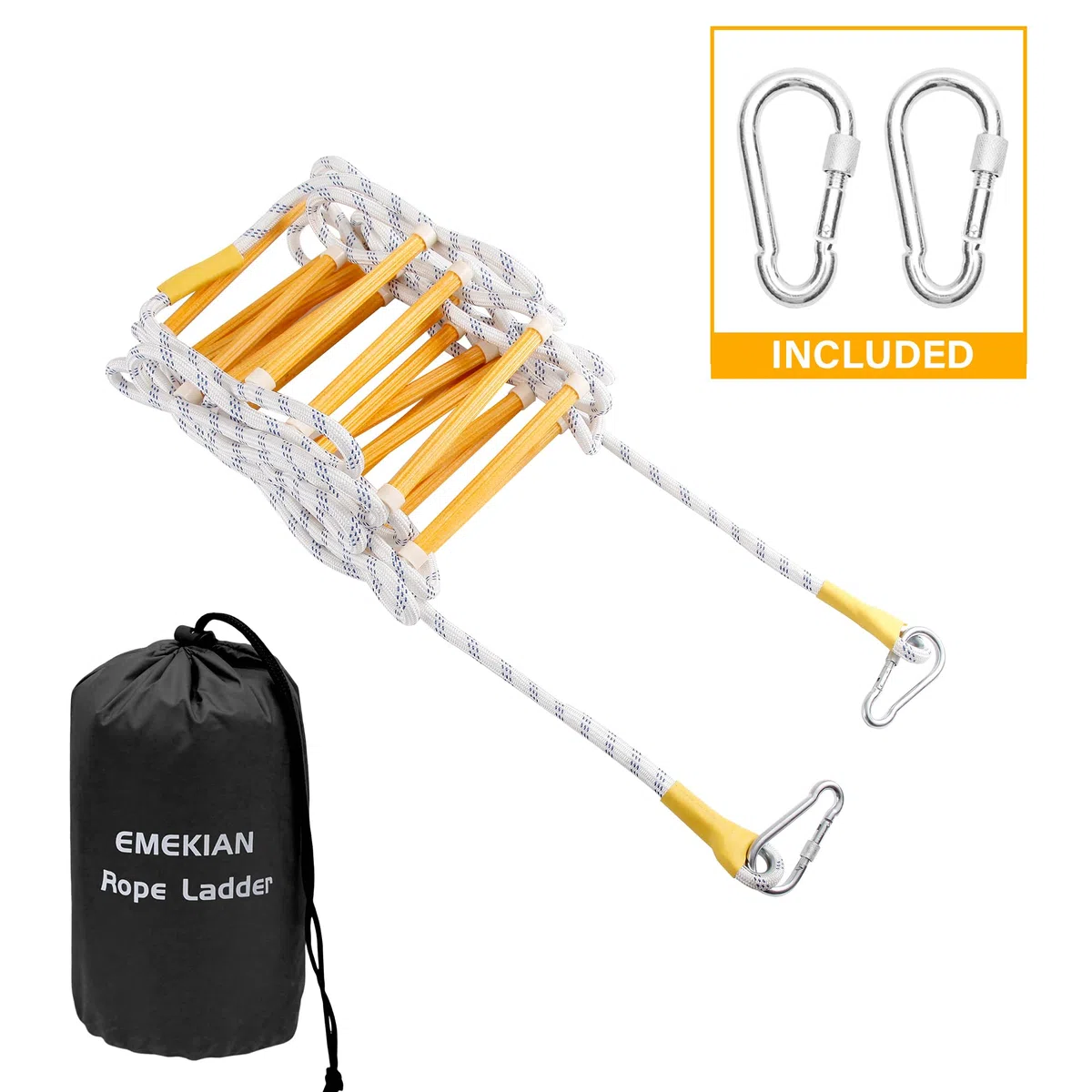 Escalera de Cuerda de Seguridad ignífuga con 2 mosquetones, Escalera de Seguridad ignífuga, Escalera de Rescate para balcón, escaleras de Incendios Reutilizables, compacta y portátil, 2 m