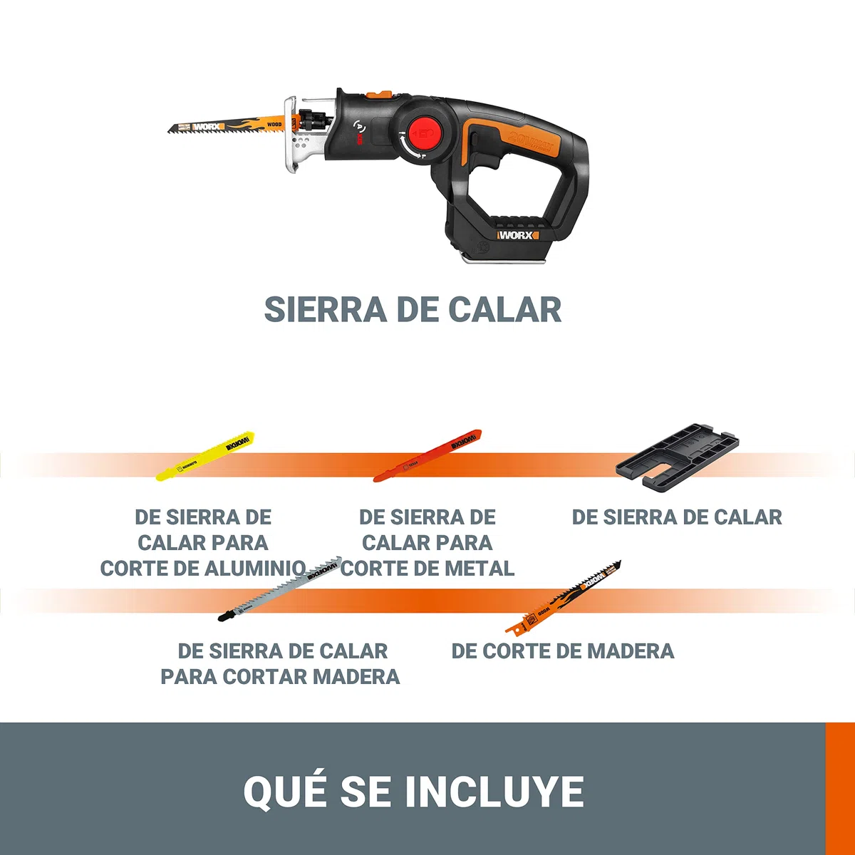 WORX WX550.9 Sierra Calar y Sable AXIS 2 en 1 20V Sin Batería, Cambio Rápido de Hoja, Movimiento Pendular, Soplador, Doble Encendido, LED