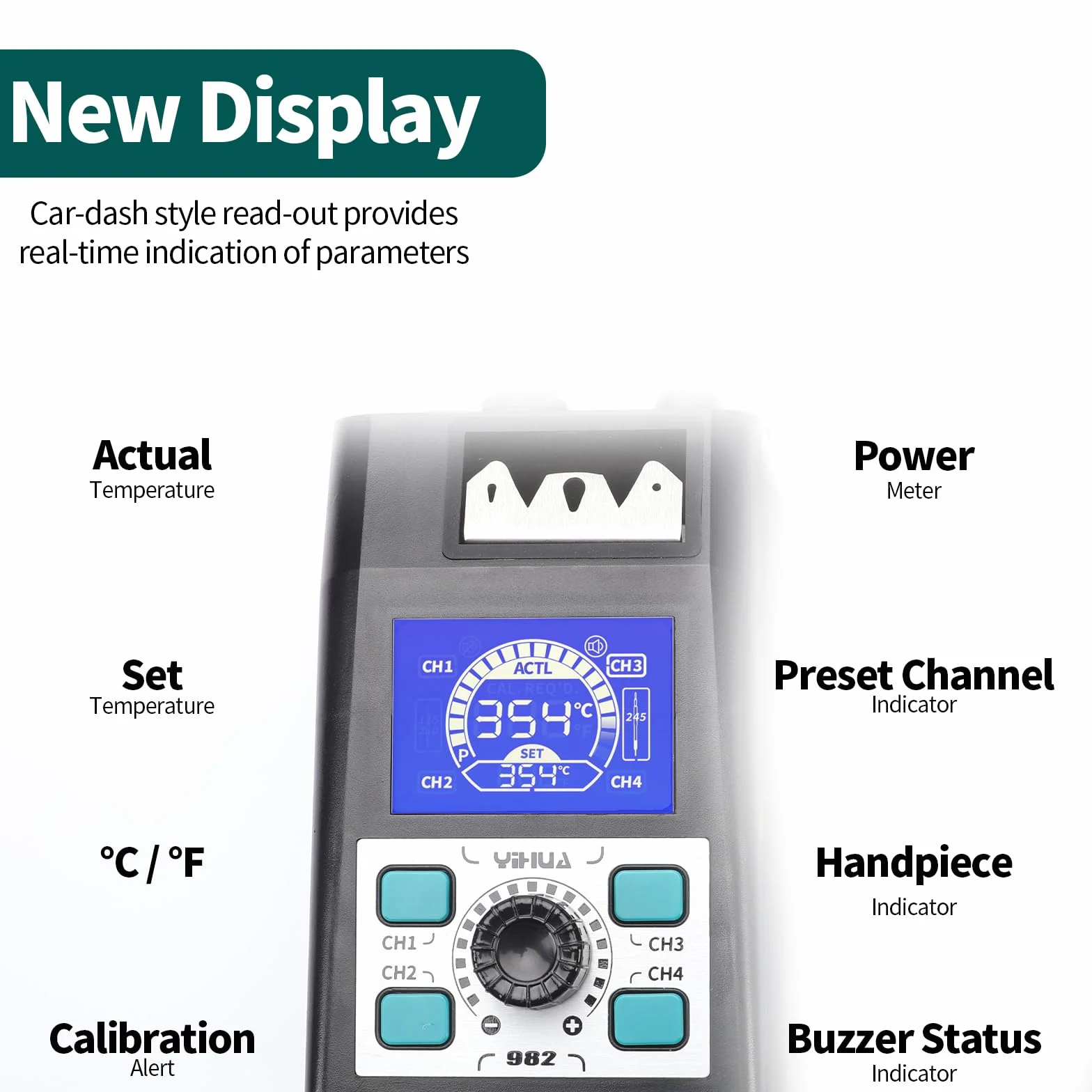 YIHUA 982 Kit de Estación de Soldadura de Precisión con Pantalla Digital LCD, Compatible con Cartuchos de Punta C245, 4 Canales de Memoria, Calentamiento Rápido para Microsoldadura.