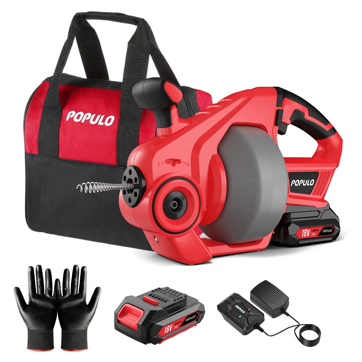 Populo Kit de desagüe eléctrico de iones de litio de 18V(20V Max), cable flexible de 7.6m, desagüe automático inalámbrico de hasta tuberías de 50 mm