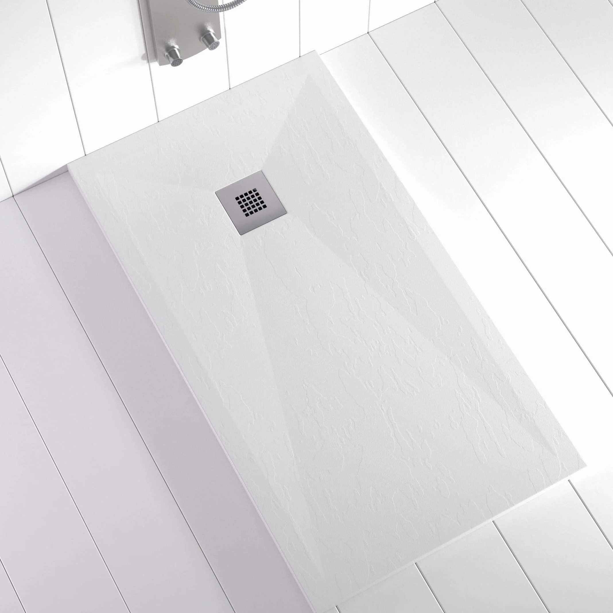 Plato de ducha resina PLES desagüe centrado color Blanco 140x80 textura pizarra antideslizante rejilla inox con válvula