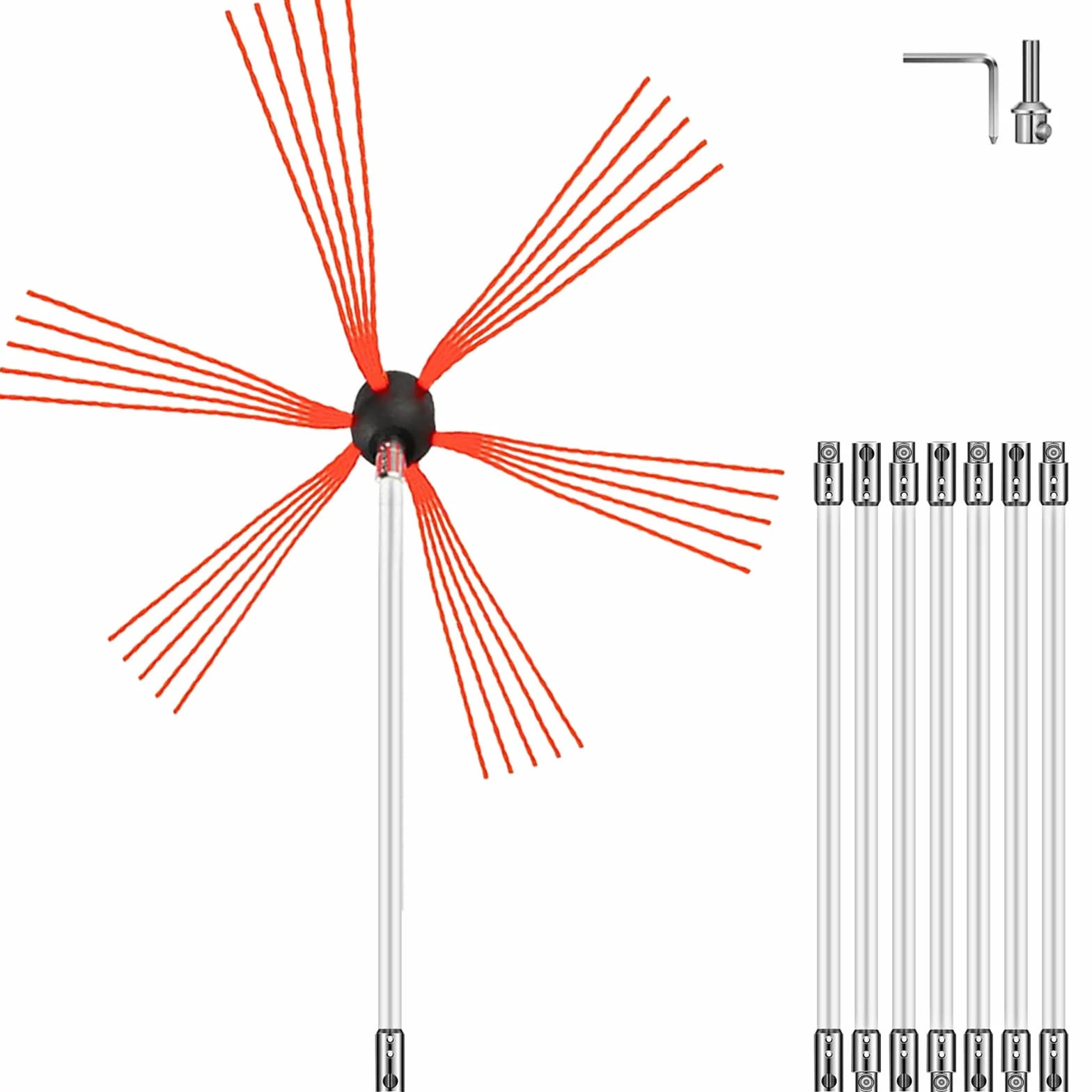 VEVOR Kit Deshollinador Flexibles 8 m Con 8 Varillas - Cepillo Nylon Para Chimeneas de Leña - Limpia Chimeneas 6M 8M 10M 12M