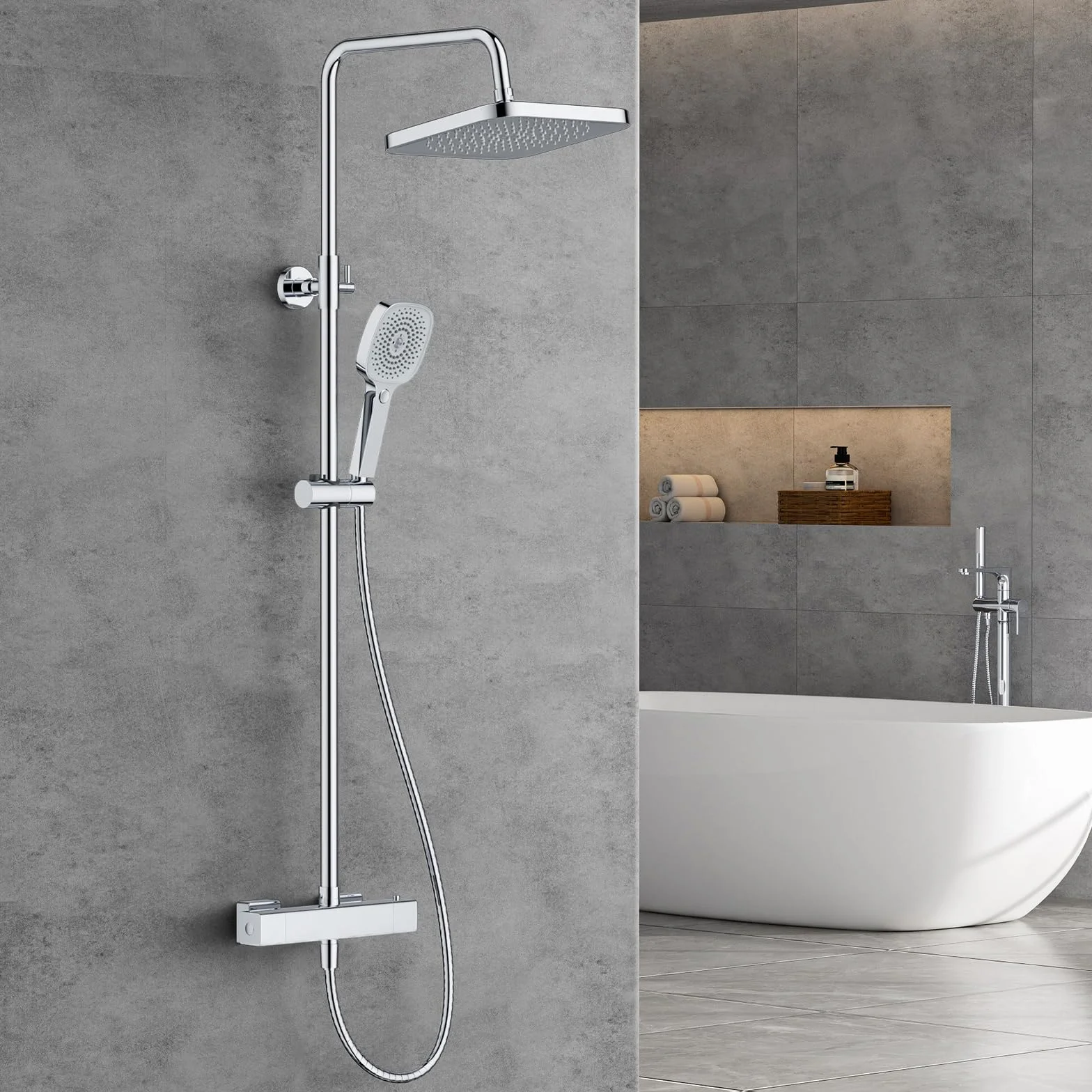 FORIOUS Set Grifo de Ducha Termostático, Set Columna de Ducha de Acero Inoxidable con Ducha de Lluvia Overhead Cuadrada de 25 cm, Ducha de Mano con 3 Tipos de Chorro,Barra de Ducha Ajustable en Altura