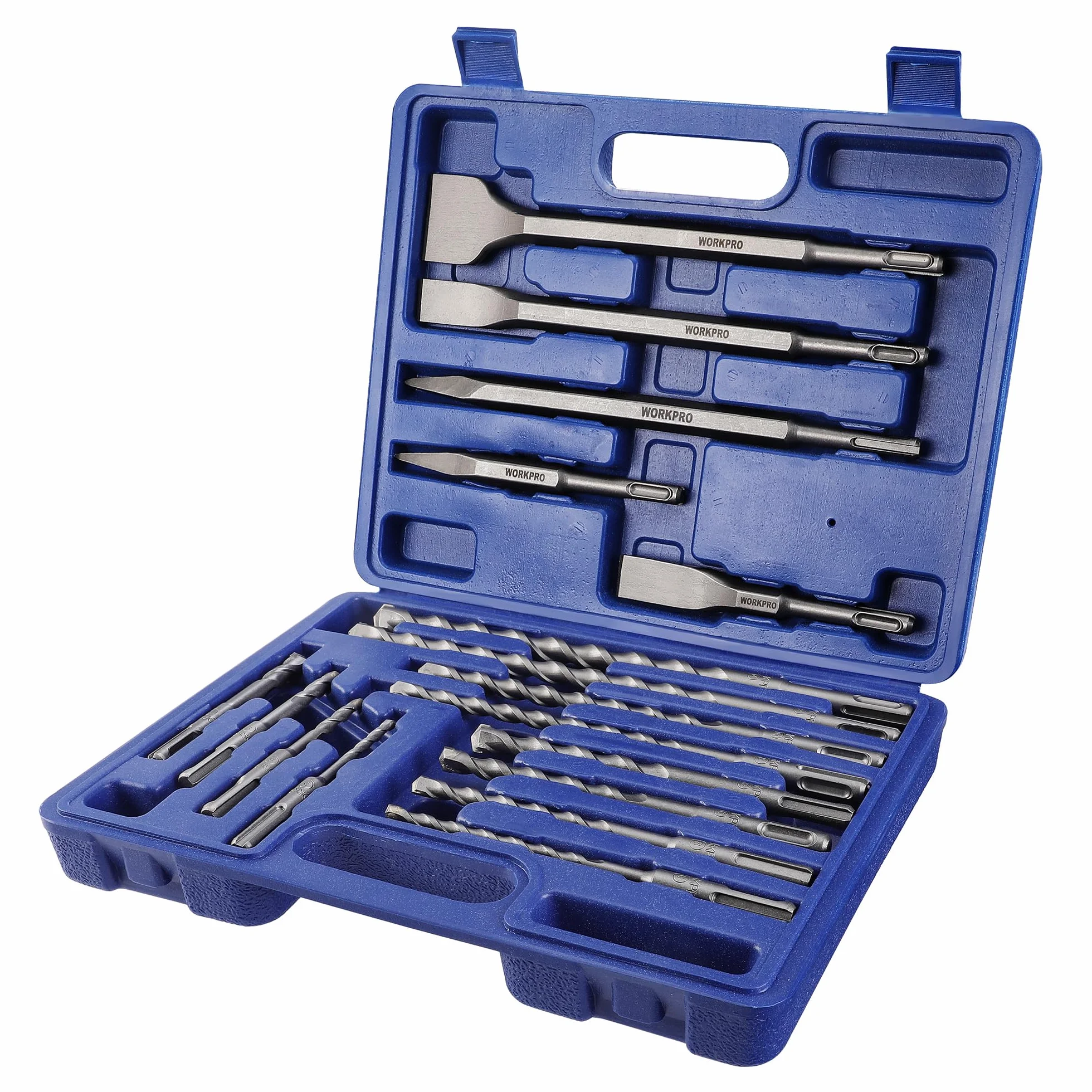 WORKPRO Juego de Brocas y Cinceles SDS Plus de 17 Piezas, Accesorios para Taladros de Martillo, con Estuche de Almacenamiento, para Concreto, Azulejos, Ladrillos, Cemento, Piedra y Mampostería