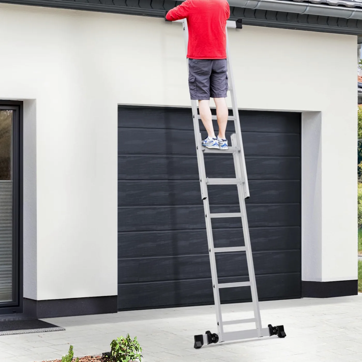 IDMarket - Andamio de aluminio con escalera multifuncional y plataforma modular sobre ruedas, altura 165 cm